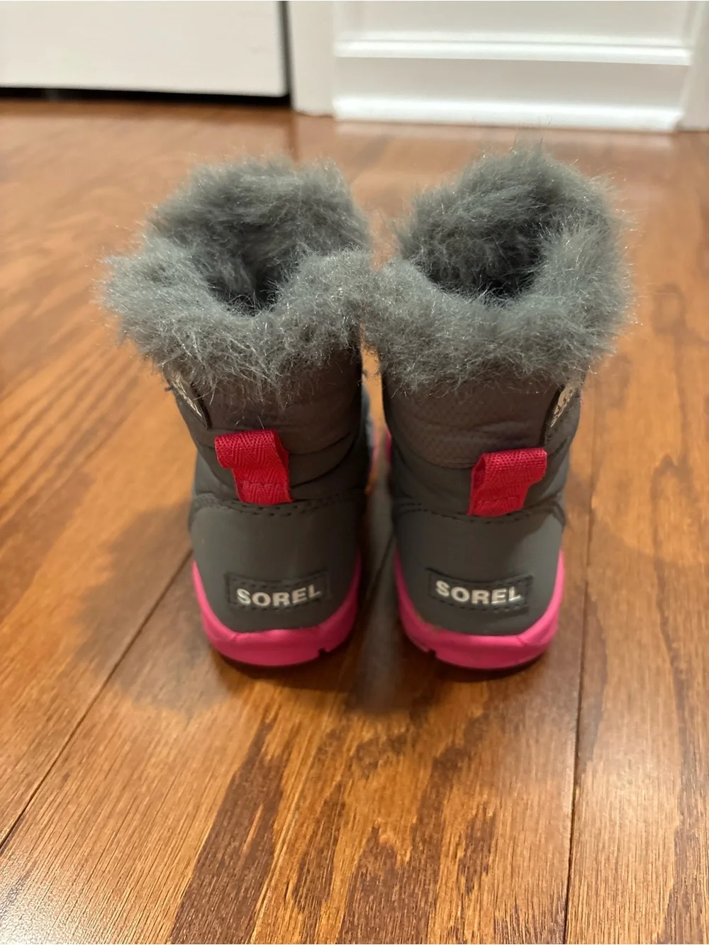Sorel Kids Gray Boots with Bright Pink Trim and Faux-Fur Cuff